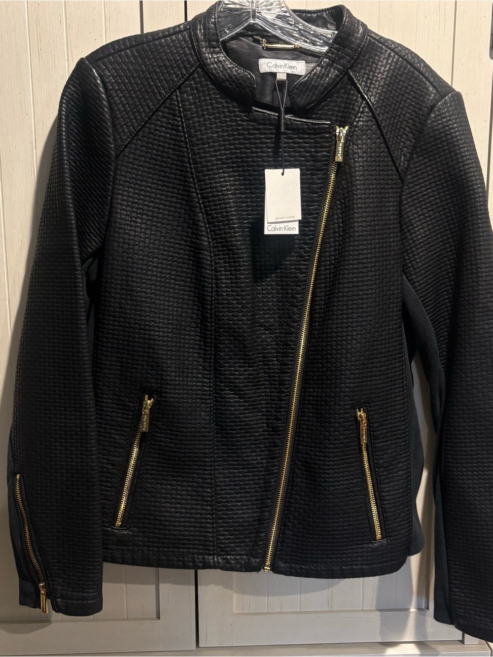 Calvin Klein Black Quilted Faux-Leather Moto Jacket with Gold Zippers